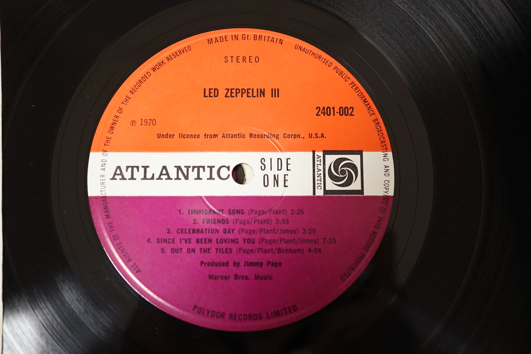 Two Led Zeppelin, LP record albums; Led Zeppelin II, on red and maroon Atlantic label, (588198), and Led Zeppelin III, on red and maroon Atlantic label, (2401–002)